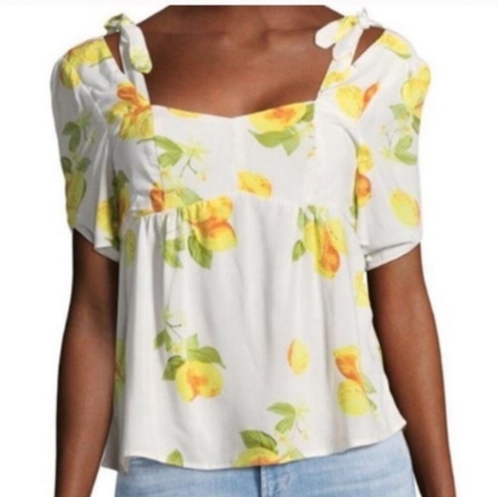 Saks Fifth Avenue Lemon Print Rayon Blouse Open Back Tie Sleeve S Resort Brunch